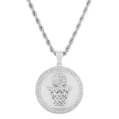 Lab Created Men's stainless steel and simulated diamonds round basketball pendant