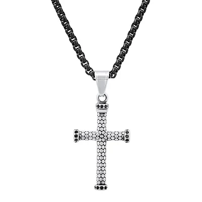 Lab Created Men's two tone black ip and stainless steel cross pendant with simulated black diamonds