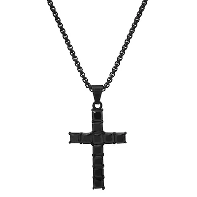 Lab Created Men's black ip stainless steel and simulated diamonds cross pendant