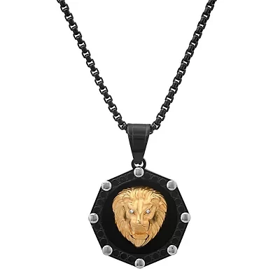 Lab Created Men's tri toned black ip, 18k gold plated and stainless steel octagon lion head pendant with simulated diamonds