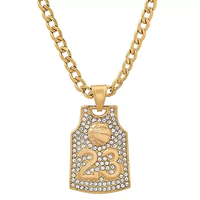 Lab Created Men's 18k gold plated stainless steel and simualted diamonds basketball jersey tshirt pendant