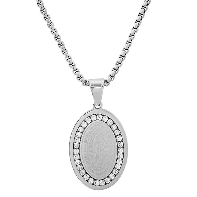 Lab Created Men's stainless steel and simulated diamonds Our Lady of Guadalupe oval pendant