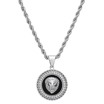 Lab Created Men's stainless steel, black enamel and simulated diamonds round lion head pendant