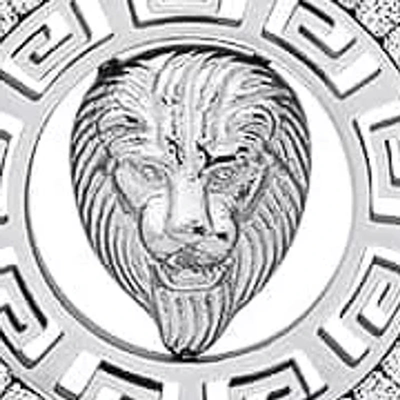 Lab Created Men's stainless steel and simulated diamonds lion's head round pendant with greek key accents