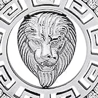 Lab Created Men's stainless steel and simulated diamonds lion's head round pendant with greek key accents