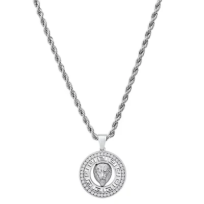 Lab Created Men's stainless steel and simulated diamonds lion's head round pendant with greek key accents