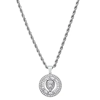 Lab Created Men's stainless steel and simulated diamonds lion's head round pendant with greek key accents