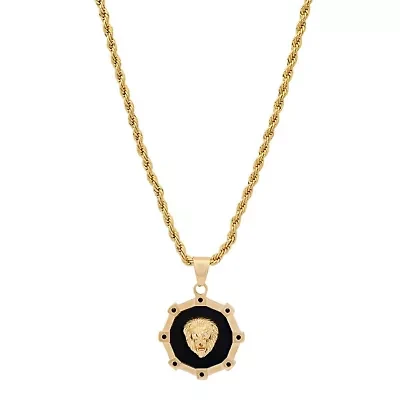 Lab Created Men's 18k gold plated stainless steel, simulated onyx and simulated black diamonds lion's head pendant