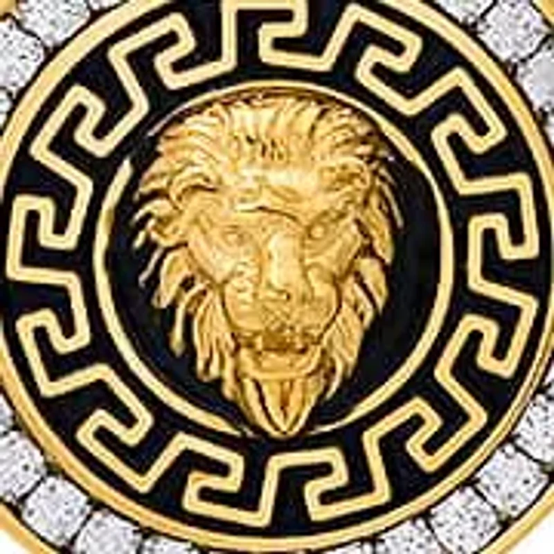 Lab Created Men's 18k gold plated stainless steel, simulated diamonds and black enamel round lion's head pendant with greek key accents