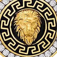 Lab Created Men's 18k gold plated stainless steel, simulated diamonds and black enamel round lion's head pendant with greek key accents
