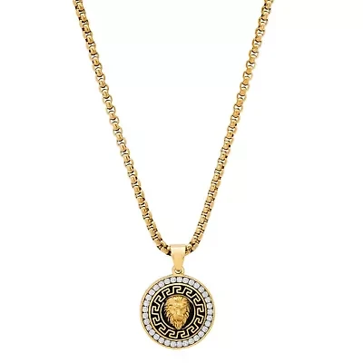 Lab Created Men's 18k gold plated stainless steel, simulated diamonds and black enamel round lion's head pendant with greek key accents