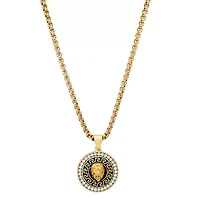 Lab Created Men's 18k gold plated stainless steel, simulated diamonds and black enamel round lion's head pendant with greek key accents