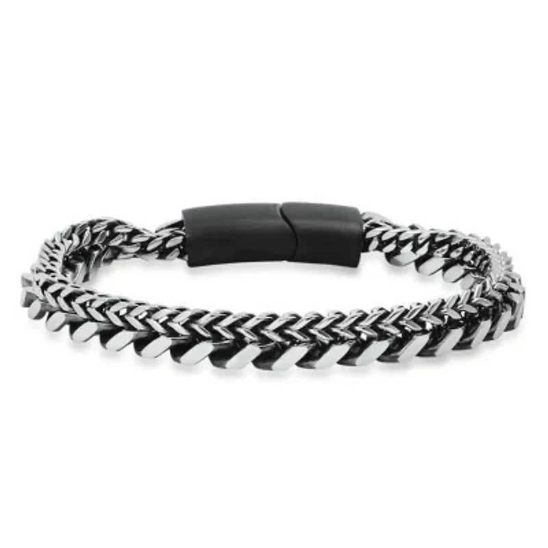 Men's two tone black ip and stainless steel double layered cuban & wheat link bracelet