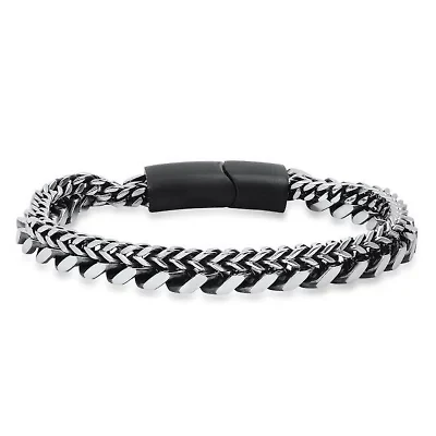 Men's two tone black ip and stainless steel double layered cuban & wheat link bracelet