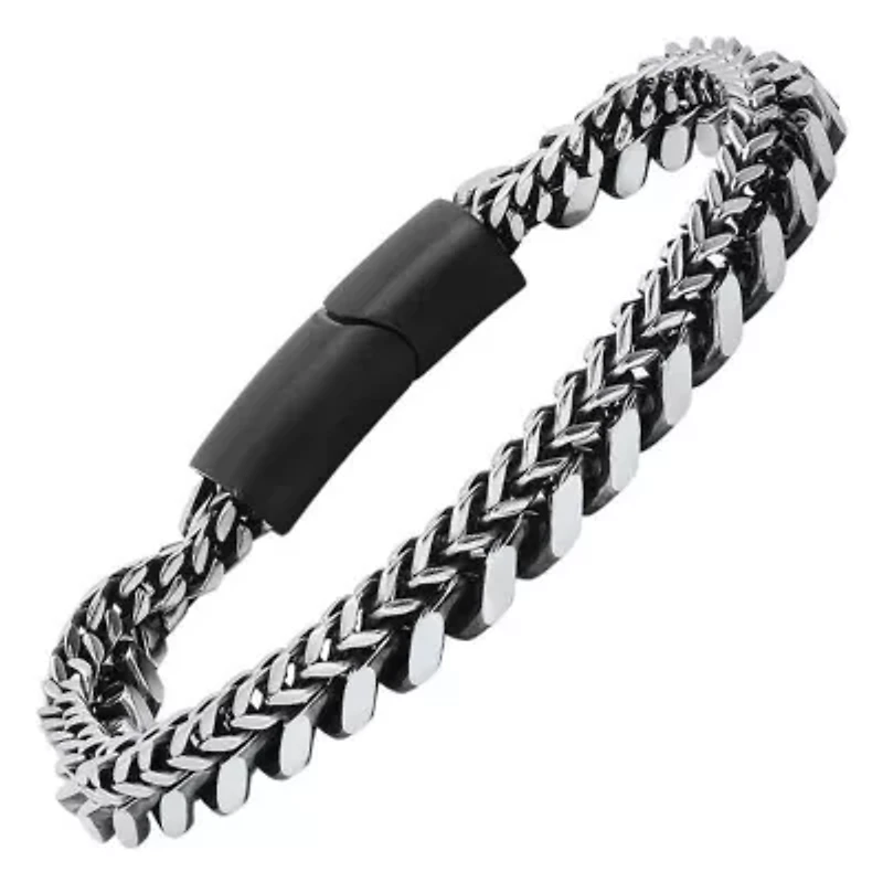 Men's two tone black ip and stainless steel double layered cuban & wheat link bracelet
