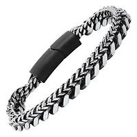 Men's two tone black ip and stainless steel double layered cuban & wheat link bracelet