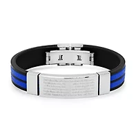 Men's black & blue rubber and stainless steel Our Father english prayer id bracelet with greek key accents