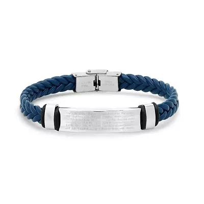 Men's blue braided leather, stainless steel and hematite beded 2pc set bracelets