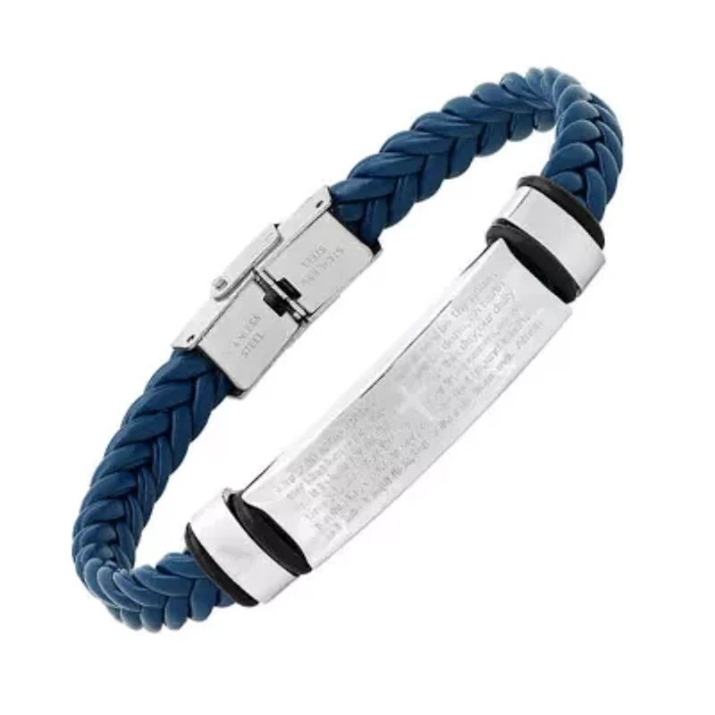 Men's blue braided leather, stainless steel and hematite beded 2pc set bracelets