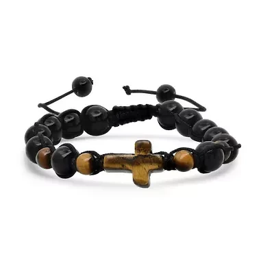 Men's tiger eye cross and black beads drawstring beaded bracelet