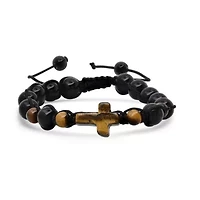 Men's tiger eye cross and black beads drawstring beaded bracelet