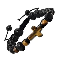 Men's tiger eye cross and black beads drawstring beaded bracelet