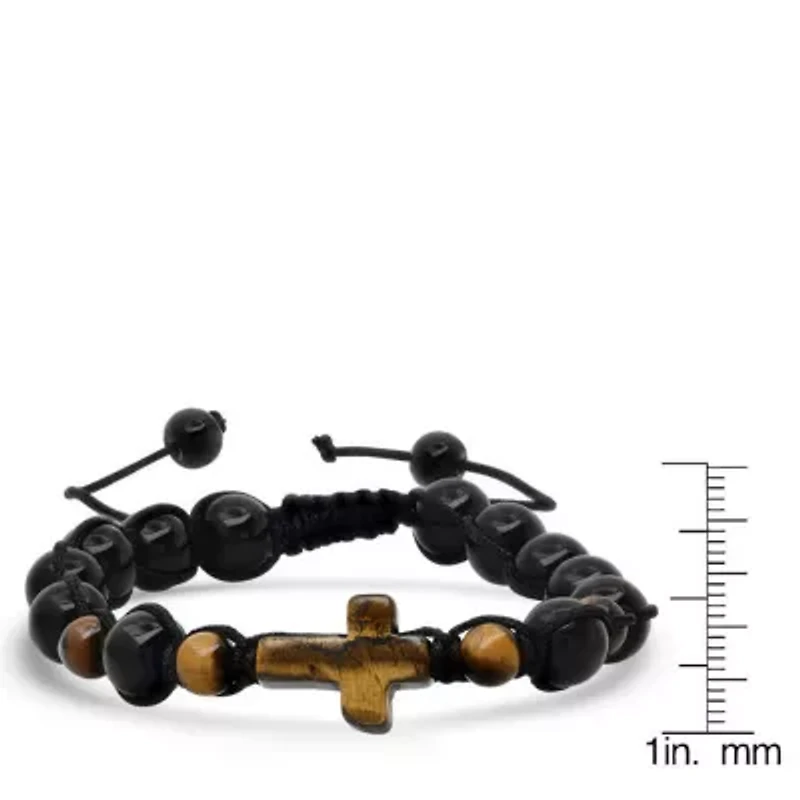 Men's tiger eye cross and black beads drawstring beaded bracelet