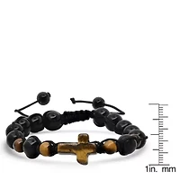 Men's tiger eye cross and black beads drawstring beaded bracelet