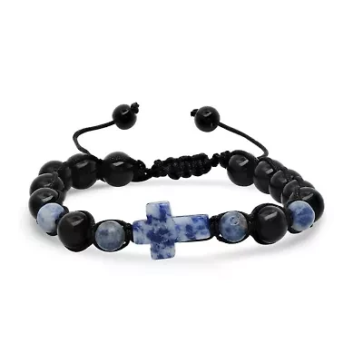 Men's blue lapis and black beads drawstring beaded bracelet
