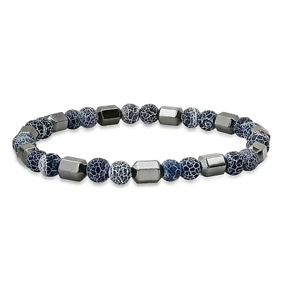 Men's blue agate and hematite beaded stretch bracelet
