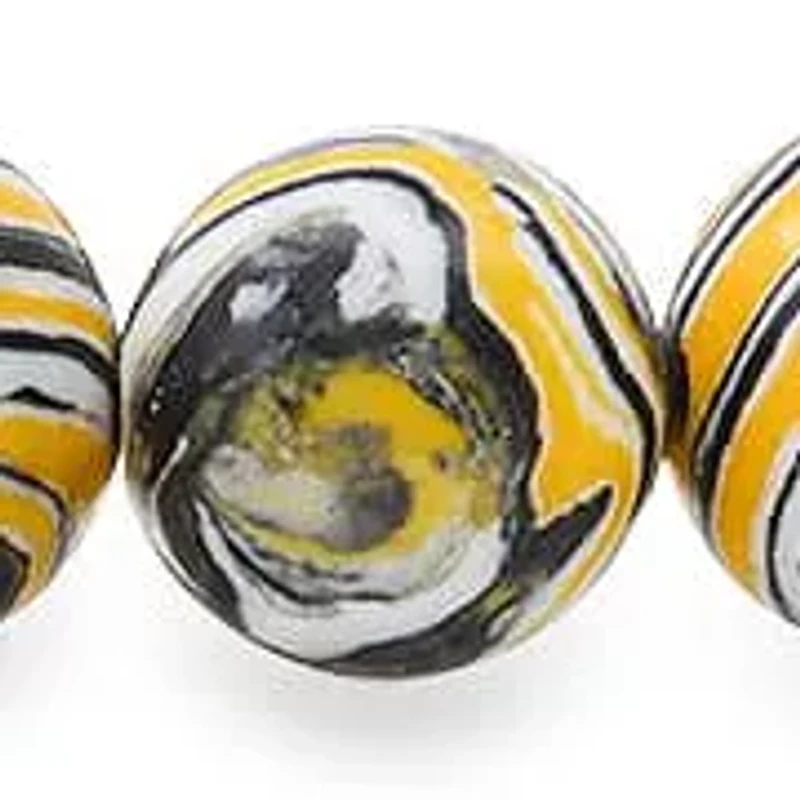 Men's black, yellow and white marble agate and lava beaded stretch bracelet