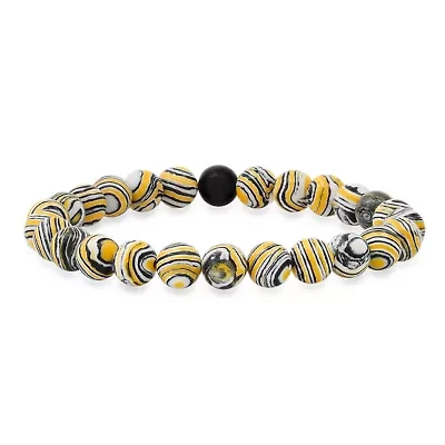 Men's black, yellow and white marble agate and lava beaded stretch bracelet