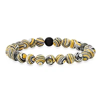 Men's black, yellow and white marble agate and lava beaded stretch bracelet