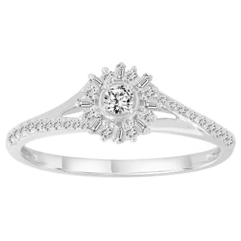 10K White Gold 1/4ct Round/Baguette/Ruby Diamond Ladies Ring