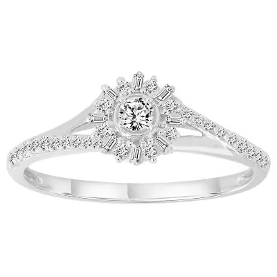 10K White Gold 1/4ct Round/Baguette/Ruby Diamond Ladies Ring