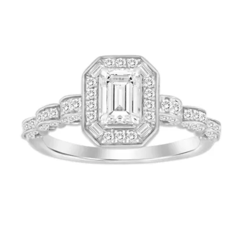 14K White Gold 1 ct Round/Baguette/Emerald Diamond Ladies Ring