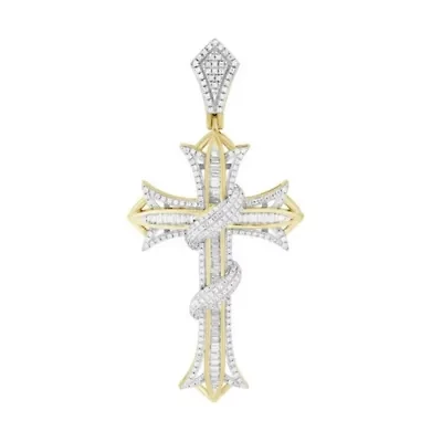 10K Yellow Gold 3/4ct Round/Baguette Diamond Mens Cross Charm