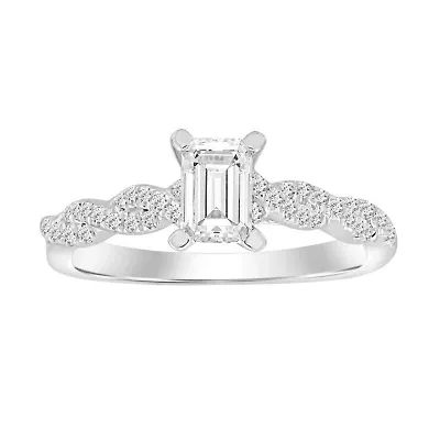 14K White Gold 1 ct Round/Emerald Diamond Ladies Ring