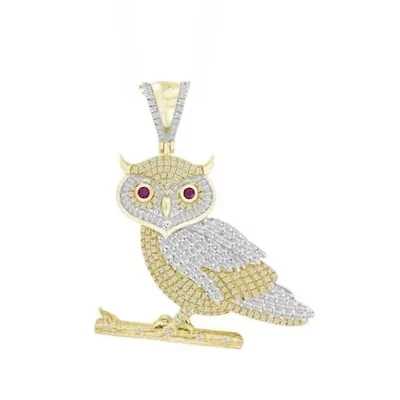 10K Yellow Gold 3/4ct Round/Baguette Diamond Mens Owl Charm