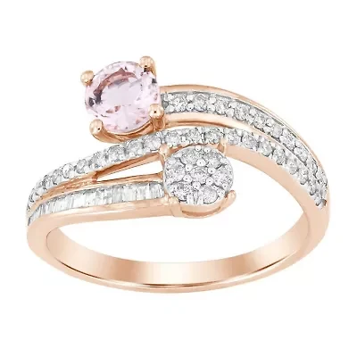 14K Rose Gold 3/4ct Round/Baguette/ Peach Morganite Diamond Ladies Ring