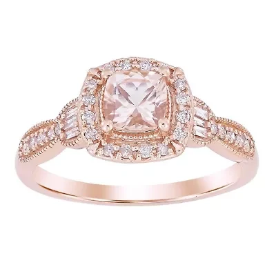 14K Rose Gold 3/4ct Round/Baguette/Peach Morganite Diamond Ladies Ring