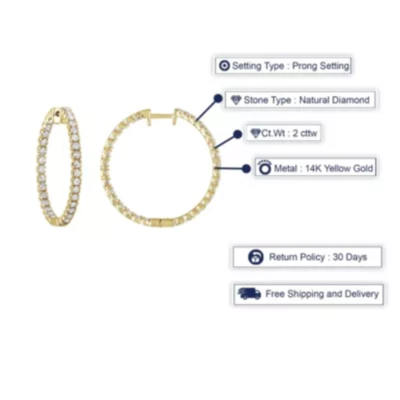 2 ct. t.w. Diamond Hoop Earrings in 14K Yellow Gold