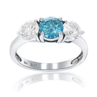 2 ct. t.w. 3 Stone Blue and White Diamond Engagement Ring in 14K White Gold