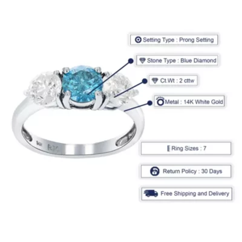 2 ct. t.w. 3 Stone Blue and White Diamond Engagement Ring in 14K White Gold
