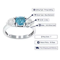 2 ct. t.w. 3 Stone Blue and White Diamond Engagement Ring in 14K White Gold