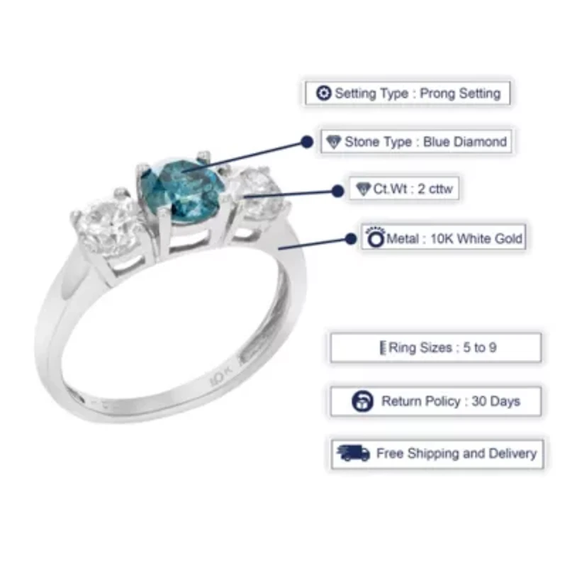 2 ct. t.w. 3 Stone Blue and White Diamond Engagement Ring in 10K White Gold