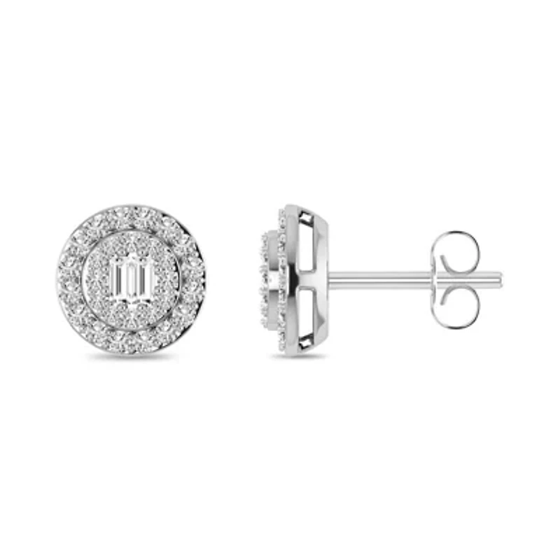 1/3 Ct.tw Baguette & Round Cut Natural Diamond Cluster Stud Earrings in 925 Sterling Silver