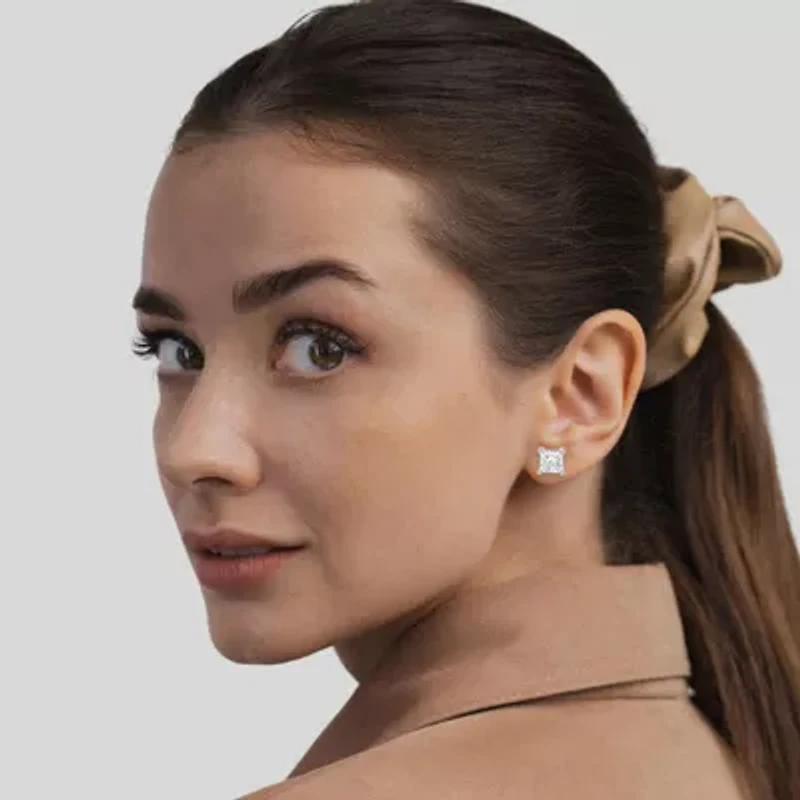 Lab Created 3.00 Cttw Princess Cut Lab-Grown Diamond Solitaire Stud Earrings in 10K White Gold, Screw Back