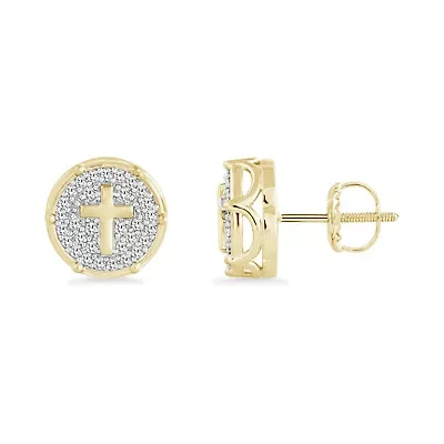 0.40 Ct.tw Natural Diamond Cross Earrings Circle shape Push Back Stud in 10K Yellow Gold