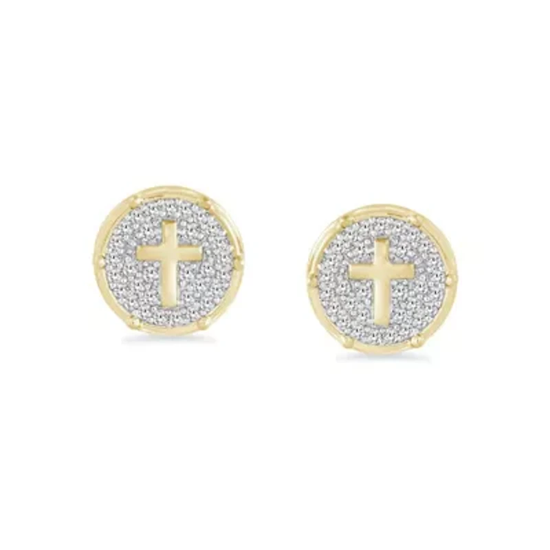 0.40 Ct.tw Natural Diamond Cross Earrings Circle shape Push Back Stud in 10K Yellow Gold
